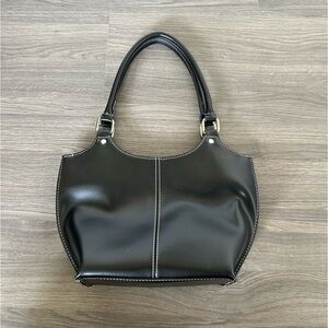 Vintage 90s Wilsons Leather Small/Medium Shoulder Bag Black with White Stitching
